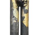 statue of a man and a woman holding hands on a wooden base