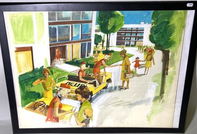 un tableau représentant un groupe de personnes dans une rue de la ville