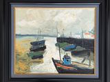 an oil painting of boats docked on the beach in a black frame