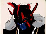painting of a black cat with red and blue eyes and a pearl necklace