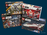 three lego star wars sets are shown on a blue background