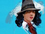 un tableau représentant une femme portant un chapeau et une cravate rouge
