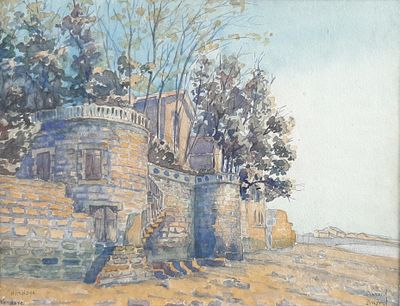 a painting of a stone building on the side of a hill