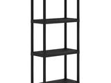 a black shelf with four shelves on top of it