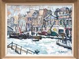 painting of a winter scene of a city street with a horse drawn carriage
