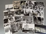 several black and white photos of a bunch of old buildings
