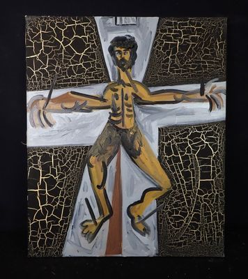 un tableau représentant un homme tenant une croix sur fond noir