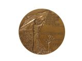 gold medal with a woman holding a flag on a white background