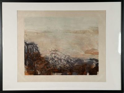 une image représentant un tableau représentant un paysage, dans un cadre noir