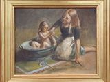 a painting of a woman washing a child in a bowl