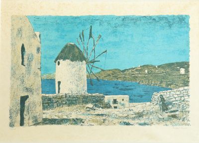 an image of a painting of a windmill on a hill