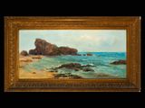 a painting of a beach scene with rocks and water