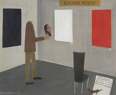 a painting of a man standing in front of a painting of a dog