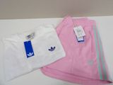 two pairs of pink and white adidas tracksuits and a white t - shirt