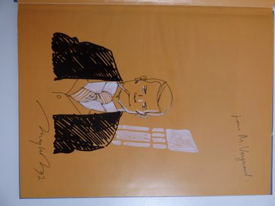 un dessin représentant un homme assis à un bureau devant un ordinateur portable