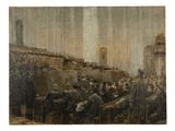 une image représentant un tableau où l'on voit un groupe de personnes dans une grande pièce