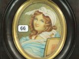 tableau représentant une jeune fille vêtue d'une robe bleue et coiffée d'un chapeau blanc