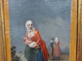 une peinture ancienne représentant une femme tenant un bébé dans ses bras