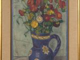 tableau représentant des fleurs dans un vase bleu, avec un citron posé sur une table