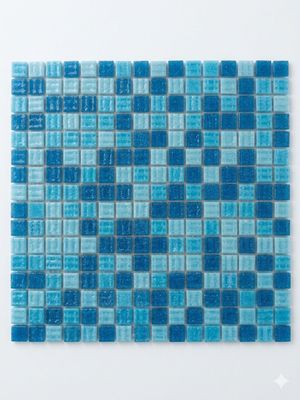 un gros plan d'un carreau de mosaïque en verre bleu sur une surface blanche
