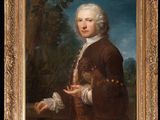 portrait d'un homme en manteau marron tenant un chien