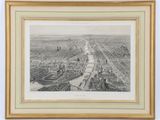 un dessin représentant une vue d'une ville avec une rivière au premier plan