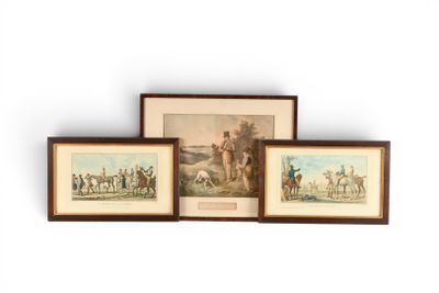 trois reproductions encadrées représentant des chevaux et des cavaliers sur fond blanc
