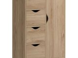 a close up of a wooden cabinet with four drawers