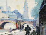 an image of a painting of people walking down a street