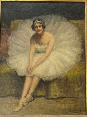painting of a woman in a tutu sitting on a couch