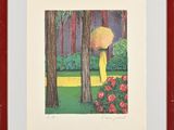tableau représentant une femme avec un parapluie jaune dans un jardin
