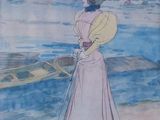 a painting of a woman in a pink dress and hat by the water