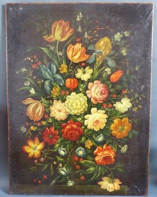 une vieille peinture représentant des fleurs dans un vase sur fond bleu