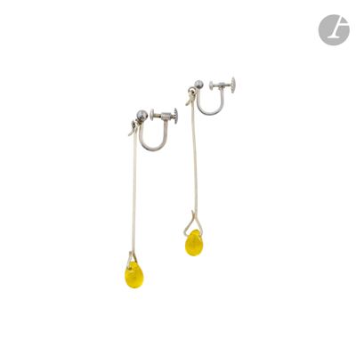 a pair of earrings with yellow beads on a white background