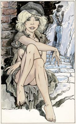 illustration représentant une femme assise sur un rocher, coiffée d'un chapeau