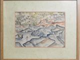 framed watercolor painting of a mountain landscape with a person on a boat