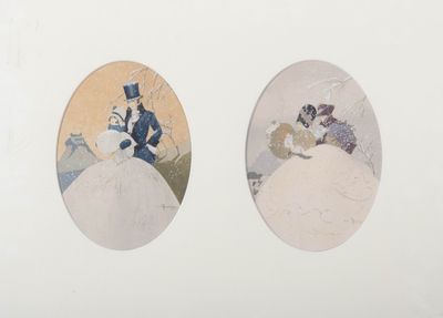 deux tableaux ovales représentant un homme et une femme sur une colline enneigée