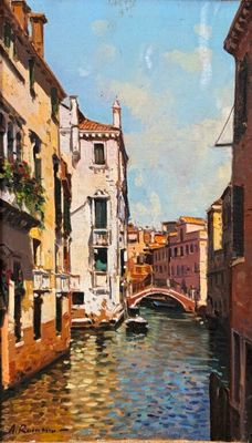 a painting of a canal in the middle of a city