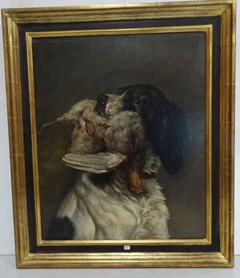 an oil painting of a dog holding a bird in its mouth