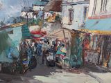 a painting of a street scene with people walking down the street