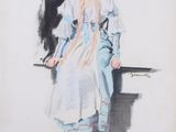 drawing of a woman sitting on a bench wearing a white hat