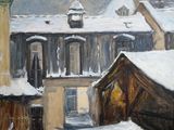tableau représentant une rue enneigée avec, en arrière-plan, un immeuble et une tour horloge