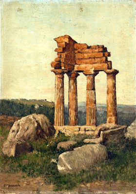 an image of a painting of a stone structure in the middle of a field