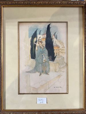 Gustave Adolf MOSSA "Scène symboliste" aquarelle signée 20x1…