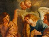painting of a group of angels in a room with a man kneeling down