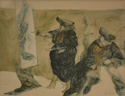 dessin représentant deux personnes assises devant un tableau accroché au mur