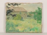 an oil painting of a house in a field with a tree in the foreground
