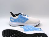 a pair of white and blue running shoes on a white background
