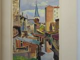 an image of a painting of a city street with a church steeple in the background
