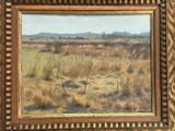 an oil painting of a field with grass and trees in the background